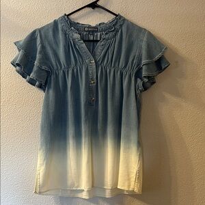 Democracy Blue and Cream Ombre Ruffle Sleeve Blouse